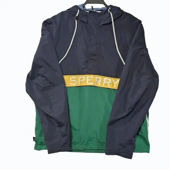 Sperry Nautical Windbreaker Navy Green Yellow Jacket w/ Tablet Pocket Sz Medium - Picture 4 of 6